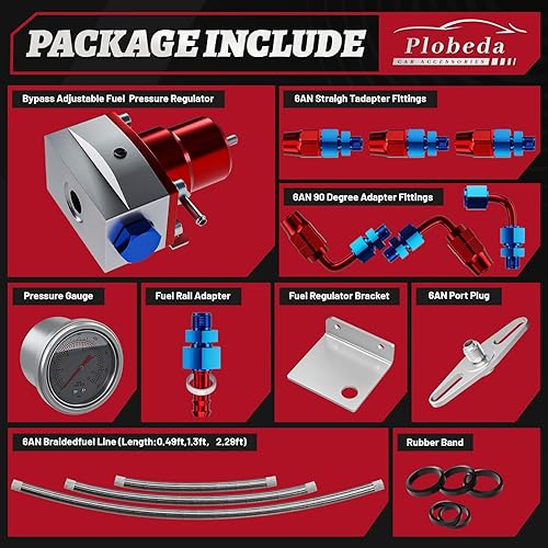 Miniatura 2 de Kit regulador de presión de combustible EFI con retorno de derivación 0-100 psi, medidor de presión, conectores de manguera de línea de combustible