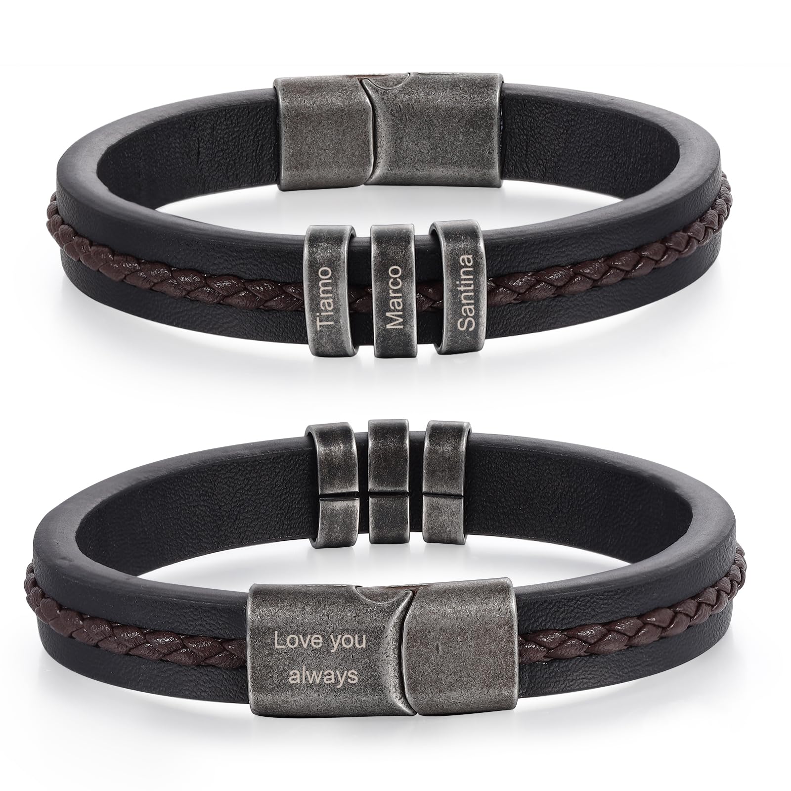Lam Hub Fong Pulsera Hombre Personalizada con 1-5 Nombres Grabado Cuentas Cuero Pulsera para Amigo Familia Padre Hijo Regalo para Aniversario Día de San Valentín Día del padre