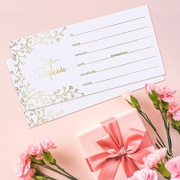 Sweetzer&Orange Blank Gift Certificates for Business - 25 Gold Foil Gift Certificate Cards with Envelopes for Spa, Salon, Restaurants, Custom Client Vouchers for Birthday, Work Card - 3.75x7.5