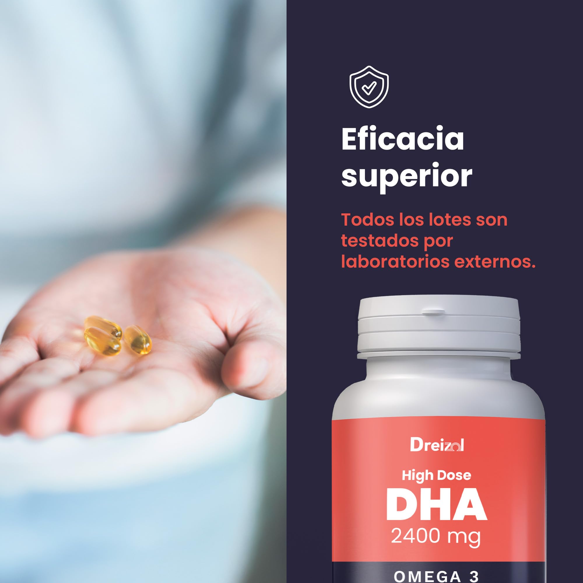 by Brudy Lab - Omega 3 2400 mg DHA High Dose – Cápsulas con DHA, EPA y DPA en Triglicéridos - Aceite de Pescado Concentrado - 60 Cápsulas