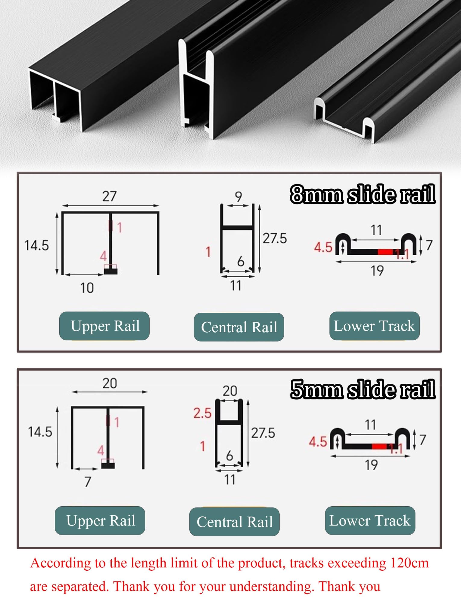 Zestaw prowadnic do drzwi przesuwnych ze stopu aluminium i szkła | Wielokolorowe 5 mm/8 mm Wiele rozmiarów Witryna Drzwi do szafy: System szyn(Champagne,240CM-0.5CM)