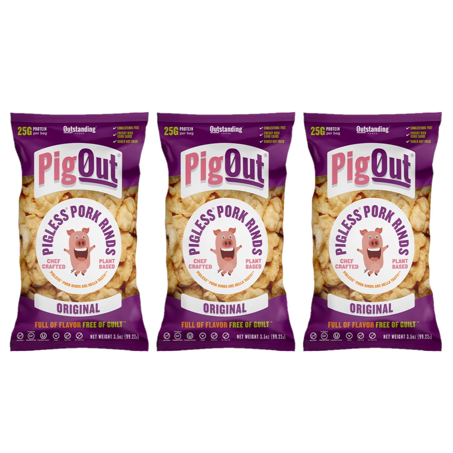 PigoutPorkless Rinds Original 3.5 OZ (3 Pack) - Three Bags Porkless Rinds - Vegan Plant Based Snacks - 10.5 OZ Total
