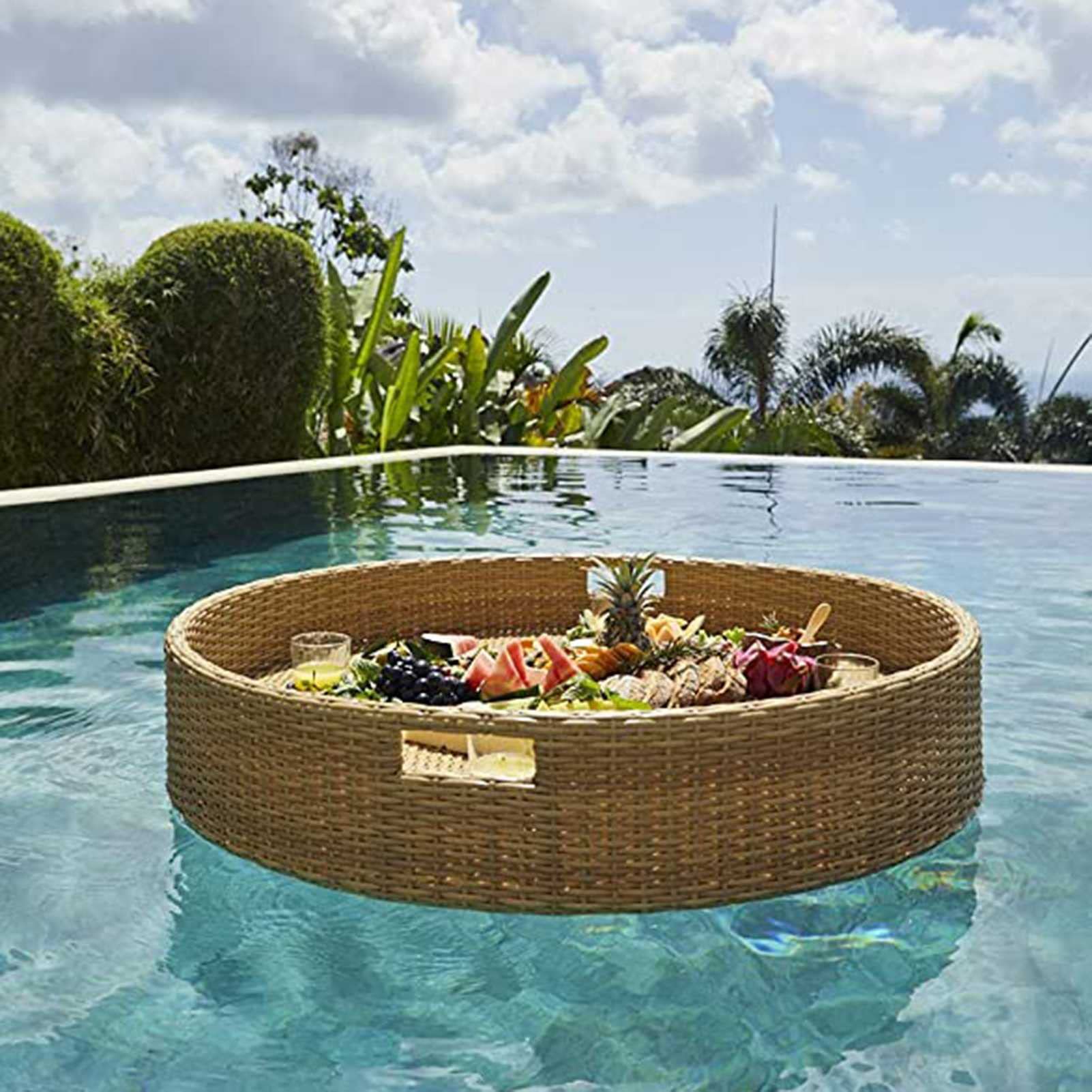 SDdPulse Vassoio da portata in rattan intrecciato, vassoio da portata galleggiante con manici, vassoio da portata galleggiante per bar, piscina, per servire bevande, brunch, cibo, giallo, 60 cm