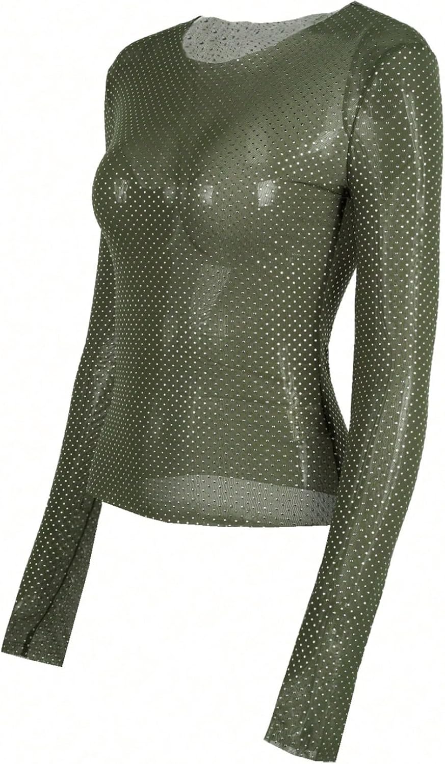 SOLY HUX Women's Rhinestone Sheer T Shirt Crew Neck Long Sleeve Sparkly Going Out Tops - Image 3