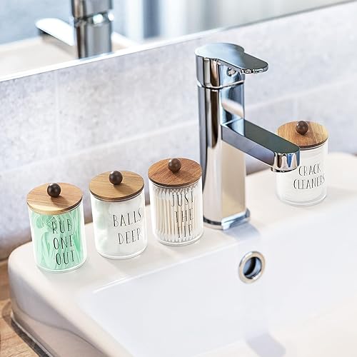Miniatura 5 de Paquete de 4 soportes Qtip con tapas de madera, recipientes de plástico de 10 onzas para almacenamiento organizador, juego de accesorios de baño
