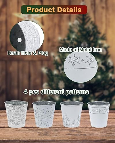 Miniatura 3 de Cubos de metal galvanizado blanco de Navidad, 4 macetas rústicas de hojalata con orificio de drenaje y enchufe, regalo de Navidad, maceta vintage