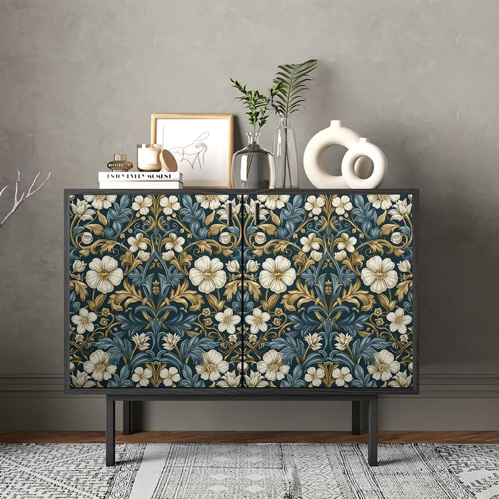 REDAMANCY Blue Beige Damask Flower Vintage Peel and Stick Wallpaper Vintage Wall Paper Stick on Contact Paper Easy Peel Off for Bedroom nightstand Drawer Renter Friendly 17.7"x236"
