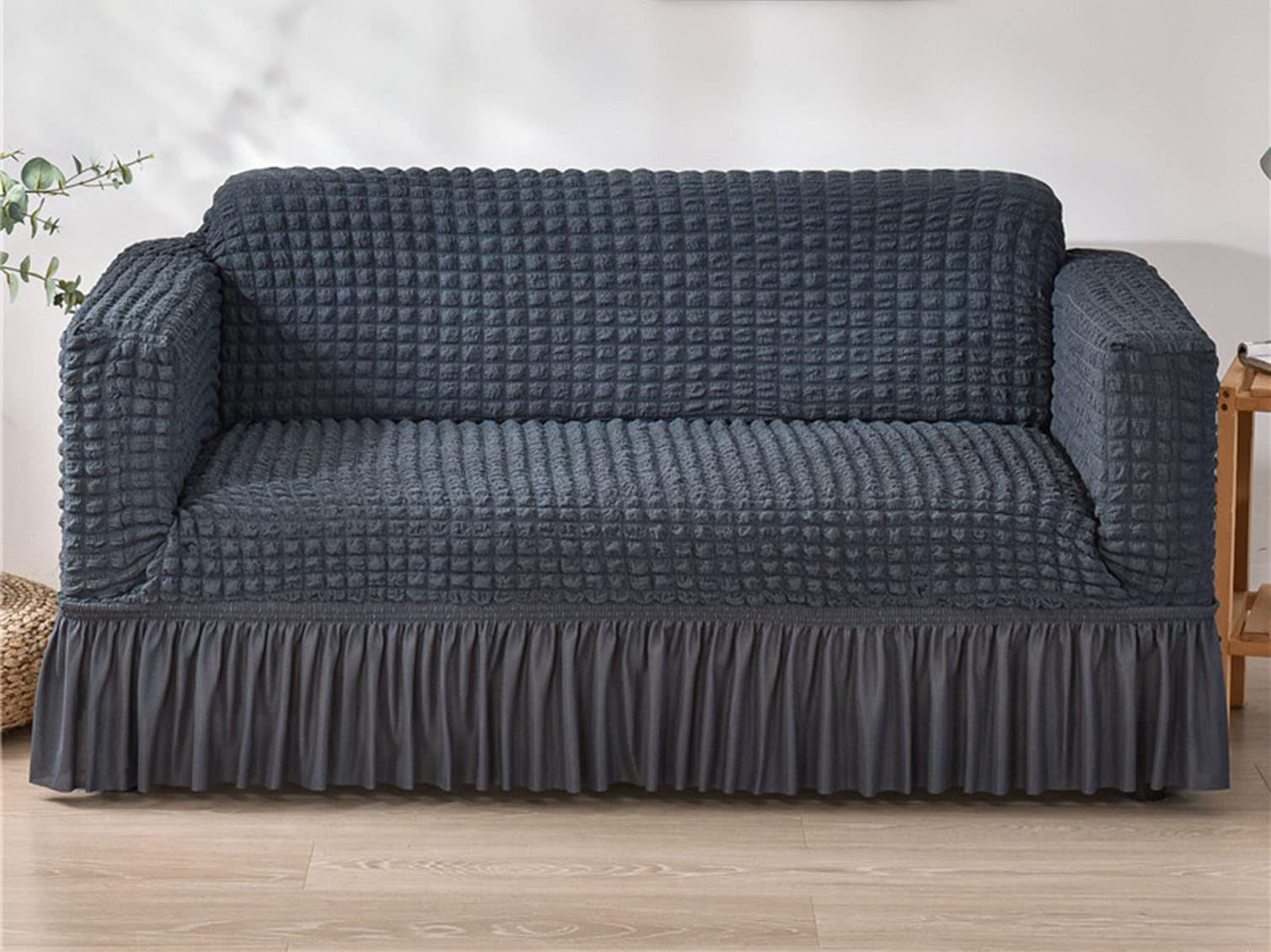 Housse de canapé élastique 3 places gris uni avec jupe élégante