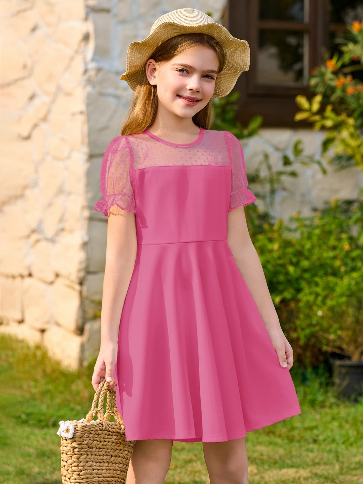 Haloumoning Vestito a maniche corte a sbuffo in rete a contrasto per ragazze a vita alta abiti casual con tasche 4-14 anni