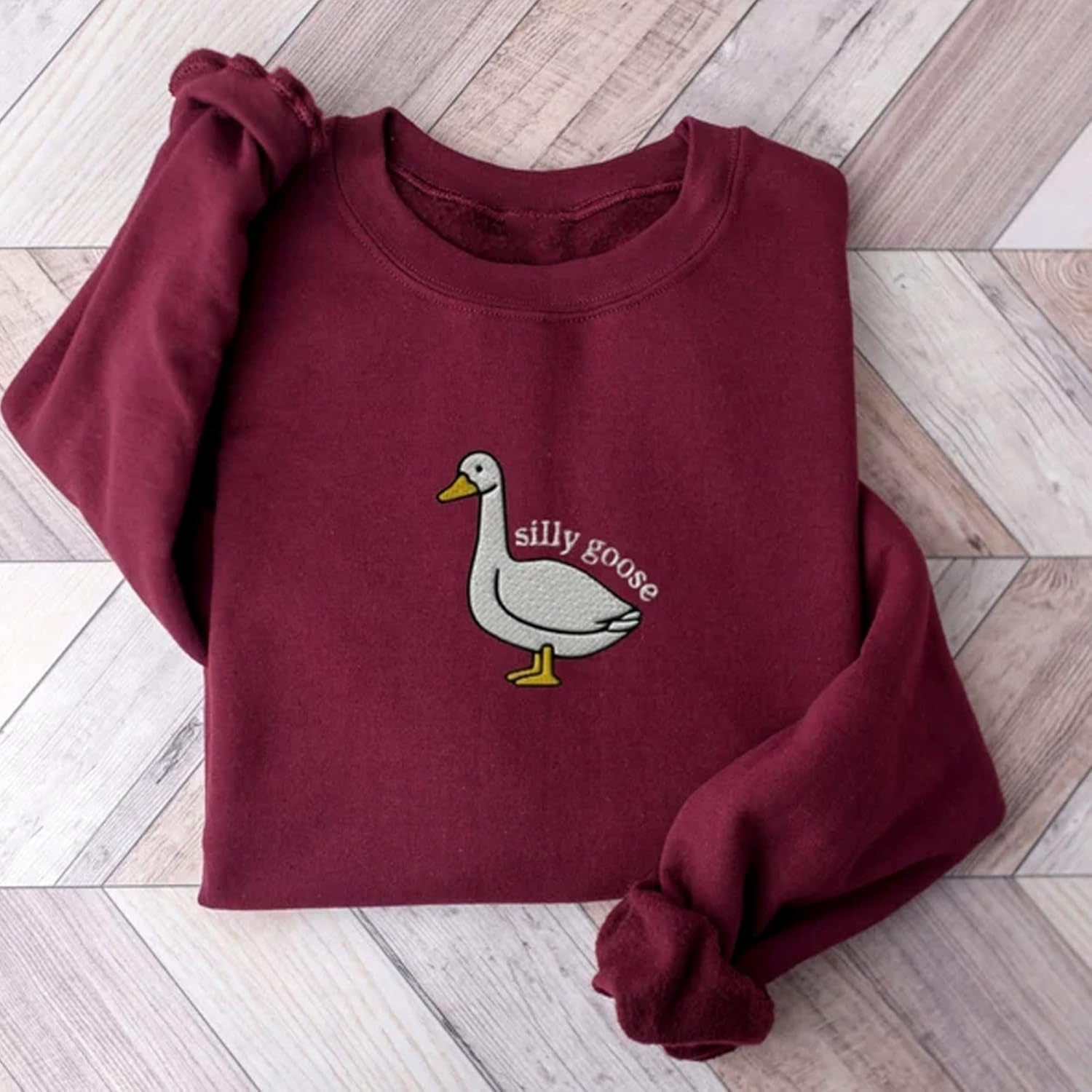 Embroidered Silly Unisex Tee, Goose Crewneck Sweatshirt, Funny Embroidered Shirt