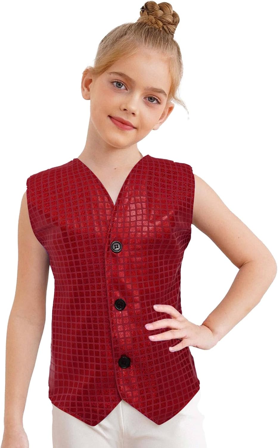Kids Girls Boys Metallic Plaid Vest Sleeveless V-neck Button Waistcoat Jazz Hip Hop Dance Jacket Fancy Party Top