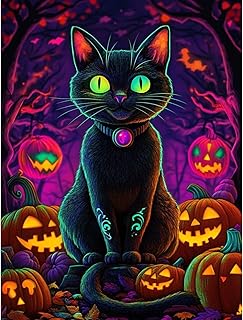 Black Cat Diamond Art Kits for Adults,Halloween Diamond Painting Kit,5D Round Full Drill Nightmare Before Christmas Diamond Art Animal Canvas for Beginners Home Wall Decor 12 x 16 Inch