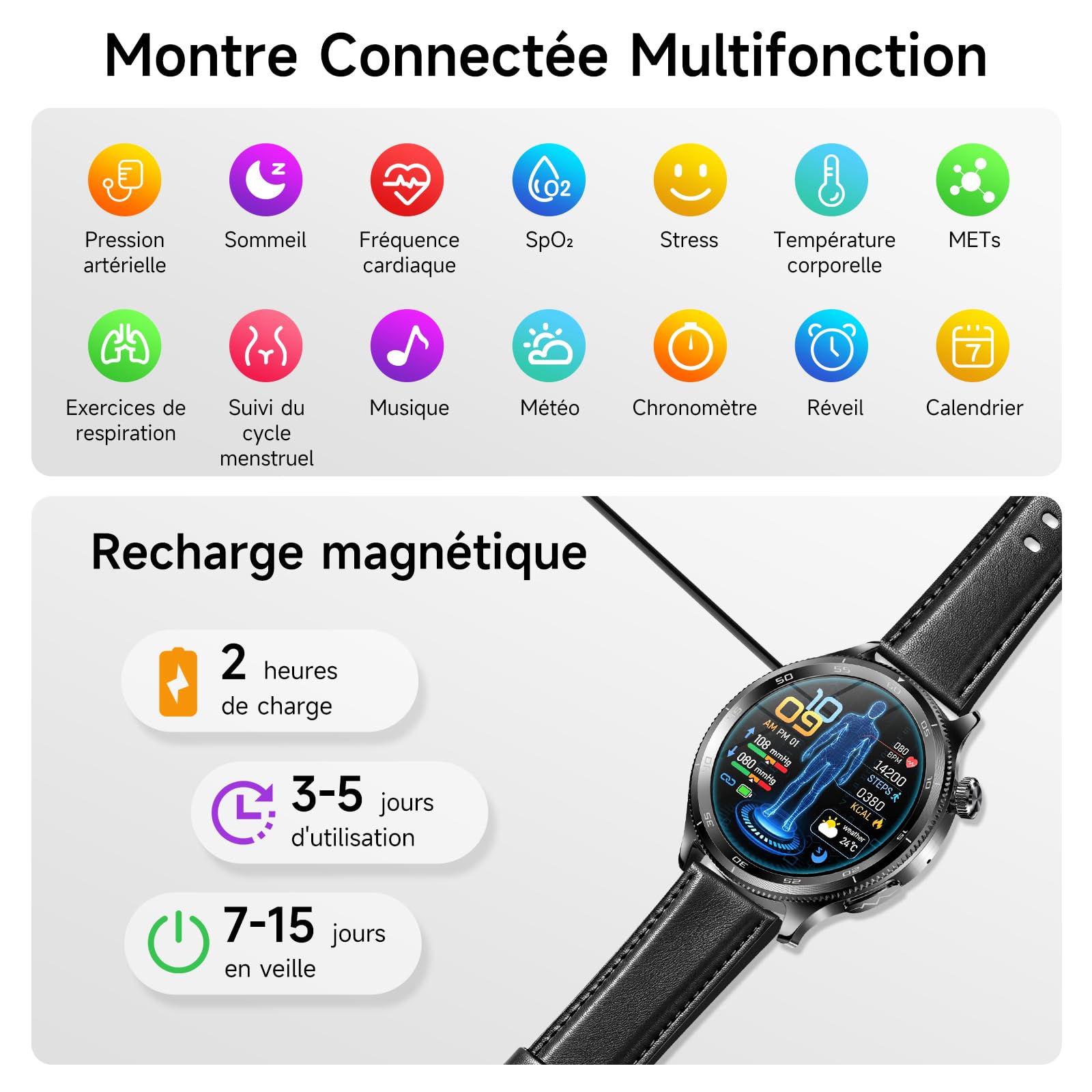 Montre Connectée Homme ECG/Pressιon artérιelle/IMC, Cuir Noir