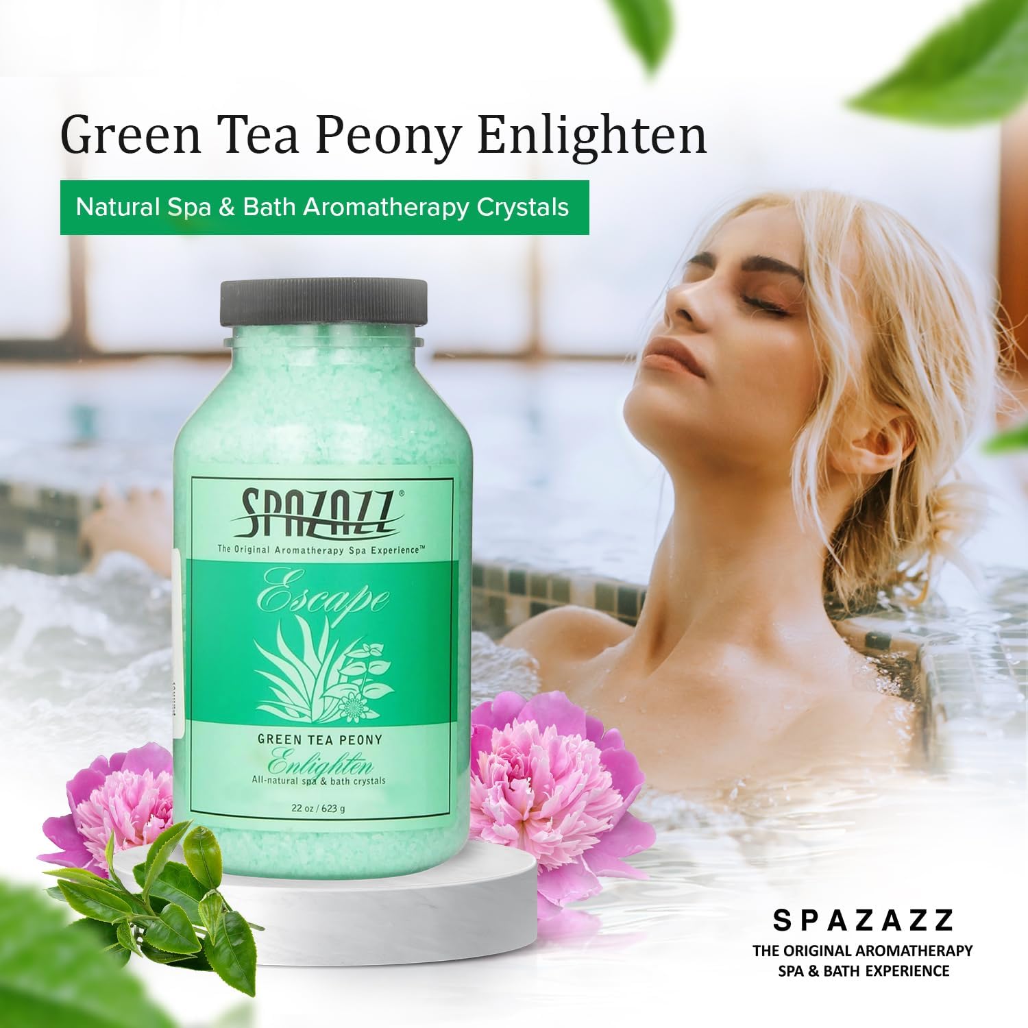 Spazazz Hot Tub Aromatherapy Crystals – Green Tea Peony 22oz-2 Pack – Spazazz Aromatherapy Hot Tub Spa Soak for Hot Tubs & Bathtubs – Premium Spa Crystals - Safe for All Equipment