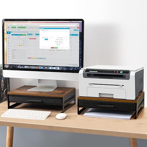 Miniatura 5 de MOTISHELF - Soporte de madera para monitor con cajón, elevador de monitor de escritorio con almacenamiento, estante organizador de escritorio para