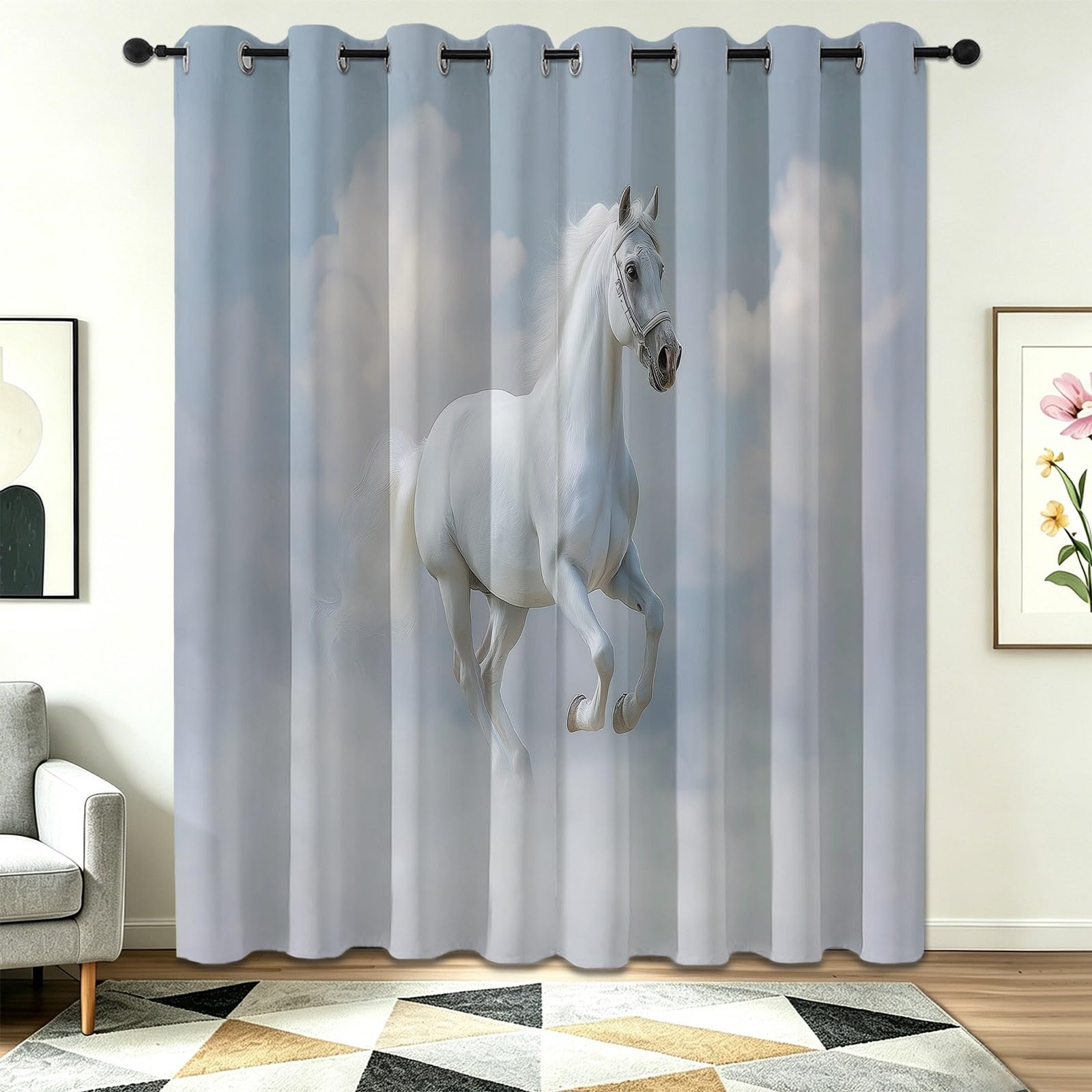 Rideau pour salon et chambre occultant motif chevaux blanc