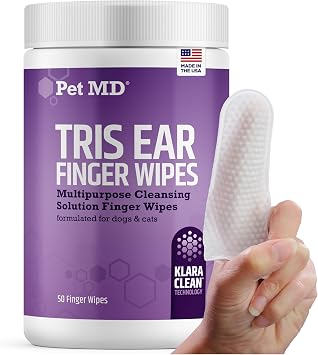 Pet MD Tris Ear Finger Wipes for Dogs & Cats - Multipurpose Cleansing Solution Cat Ear Wipes & Puppy Ear Cleaner - Pet Safe Cleaner to Clean and Remove Debris - 50ct