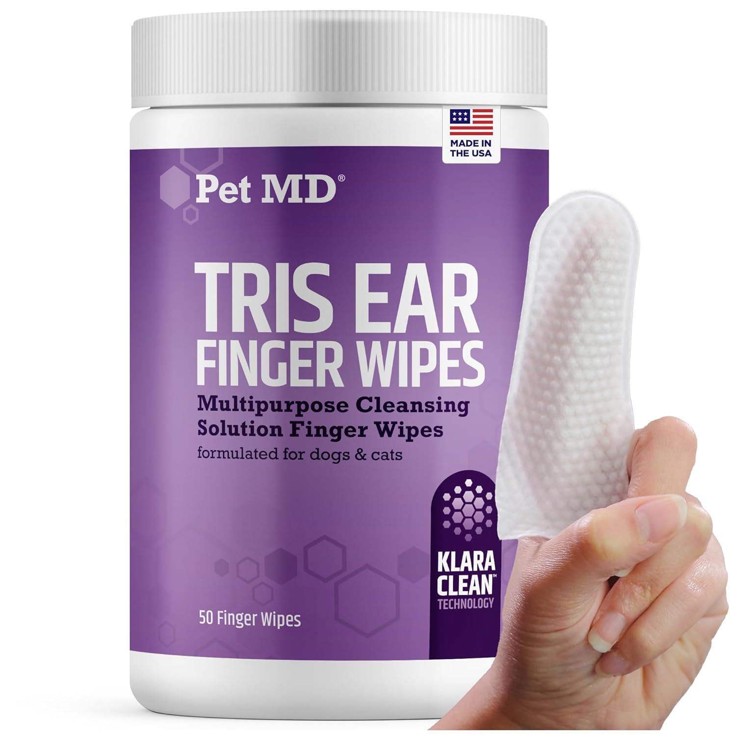 Pet MD Tris Ear Finger Wipes for Dogs Cats - Multipurpose Cleansing Solution Cat Ear Wipes Puppy Ear