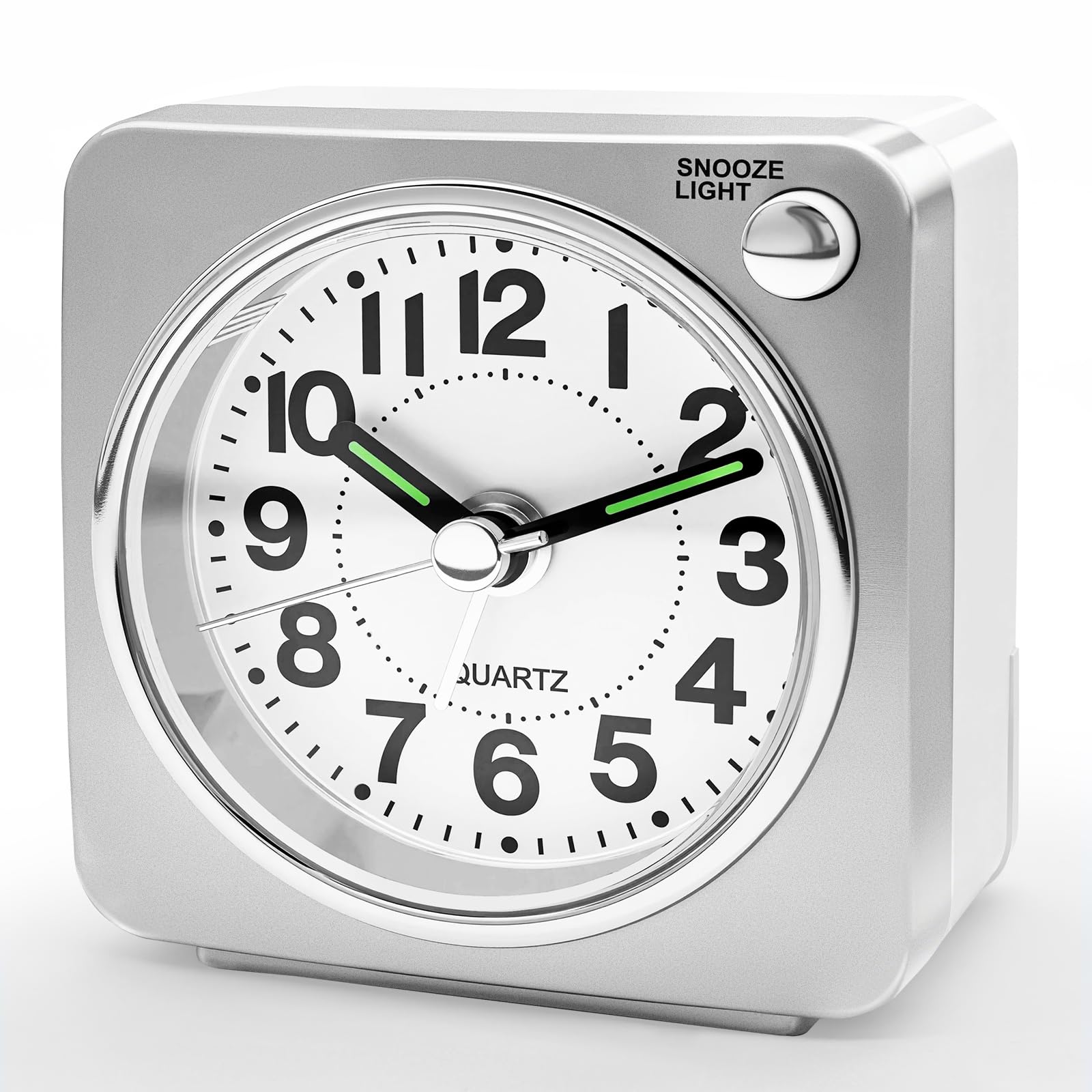 Lamisola Minimalist Battery Analog Travel Alarm Clock, Silver Table Desk Shelf Clocks for Bedrooms, Small Beside Clock, Ascending Alarm, Maximalist Decor, Silver