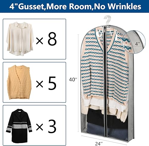 Vista 3 de Paquete de 5 bolsas de ropa de 40 pulgadas para colgar ropa, bolsas transparentes para ropa con refuerzos de 4 pulgadas para almacenamiento