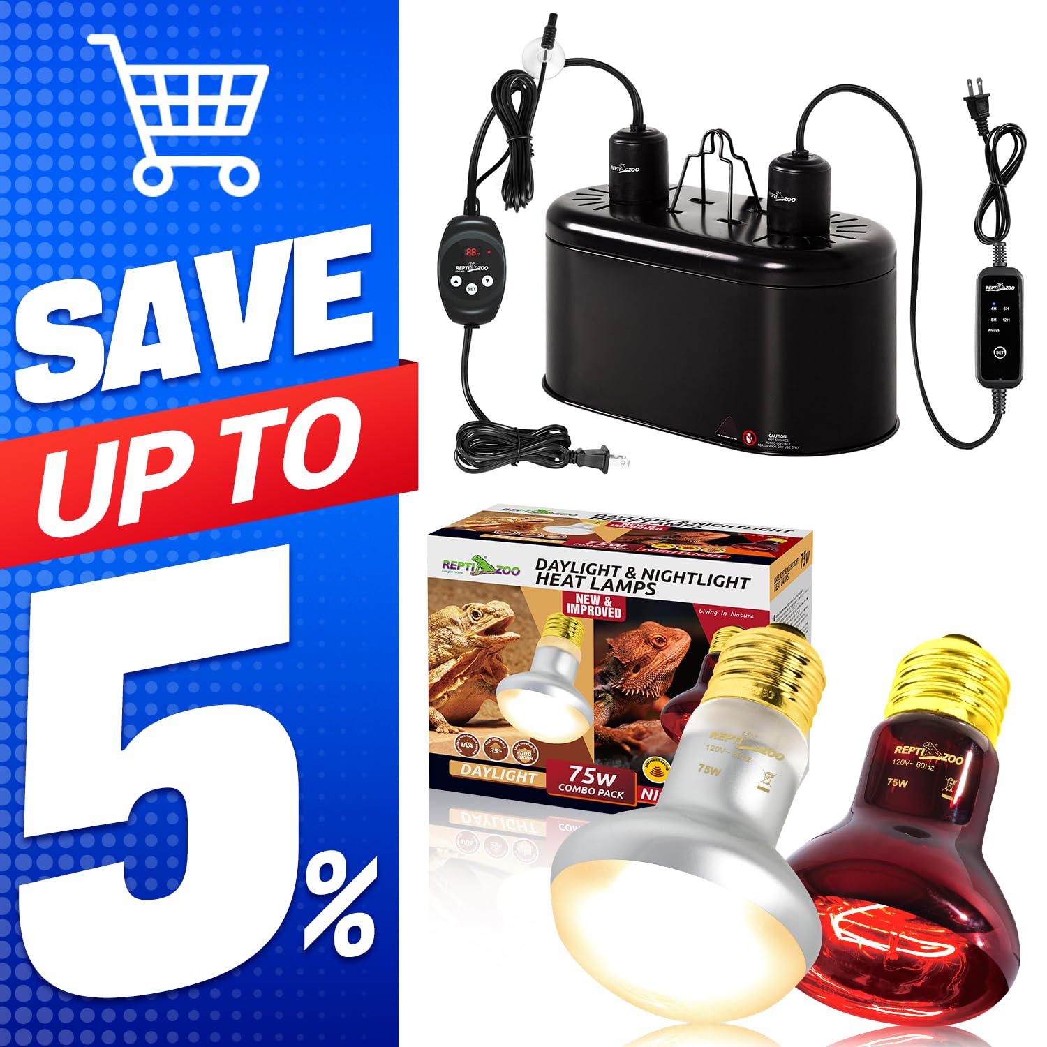 REPTI ZOO Dual Reptile Light Fixture with Dimming Thermostat and Timer & 75W Reptile Heat Lamp Bulb Day & Night Basking Spot Light Combo Pack