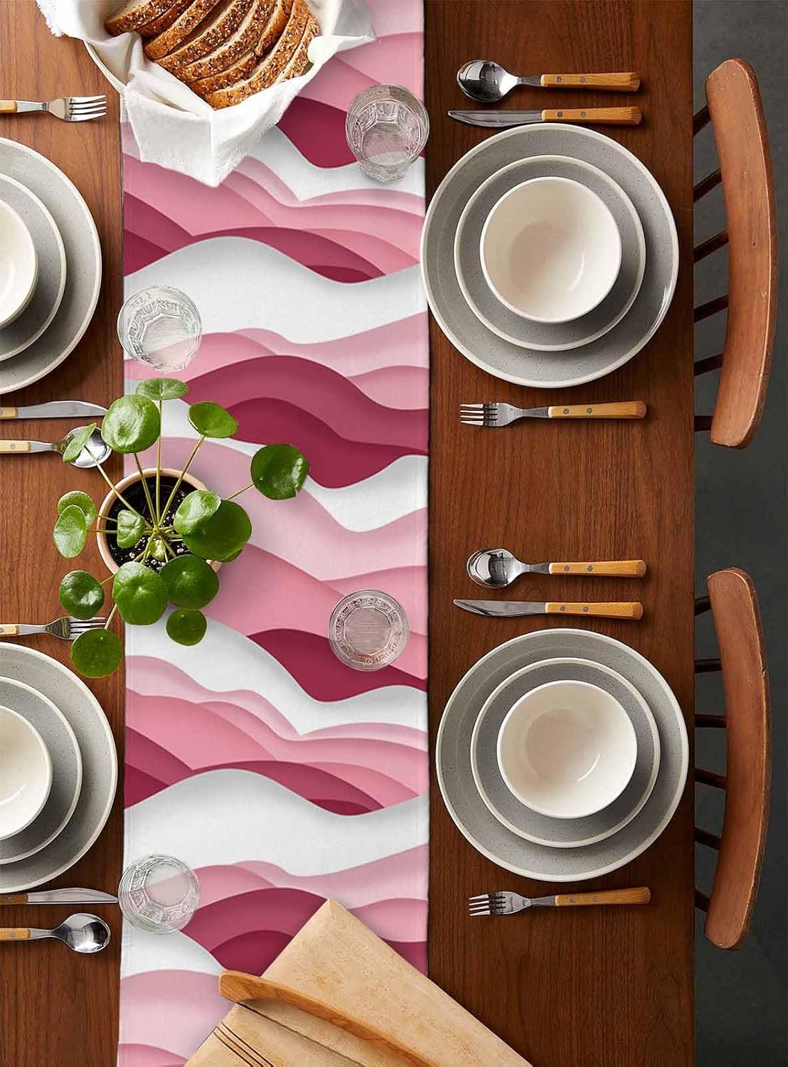 Table Runner Pink Ombre Abstract Geometric Ocean Waves Stripe Linen Table Runners Dresser Scarves for Catering Events, Dinner, Party, Wedding, Holiday, Banquet - 13x120 inch