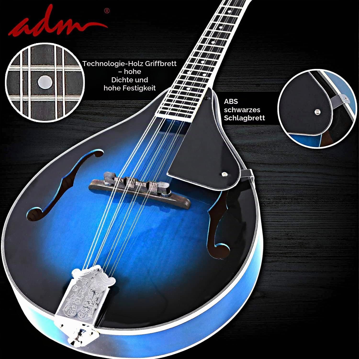 ADM Akustisches Mandolinen-Instrumenten-Set, Musik, A-Stil für Kinder, Studenten, Erwachsene, Holz-Mandolinen, Anfänger-Set mit Tasche, Stimmgerät, EQ, Gurt, Saiten, Plektren und Aufhänger, Blau