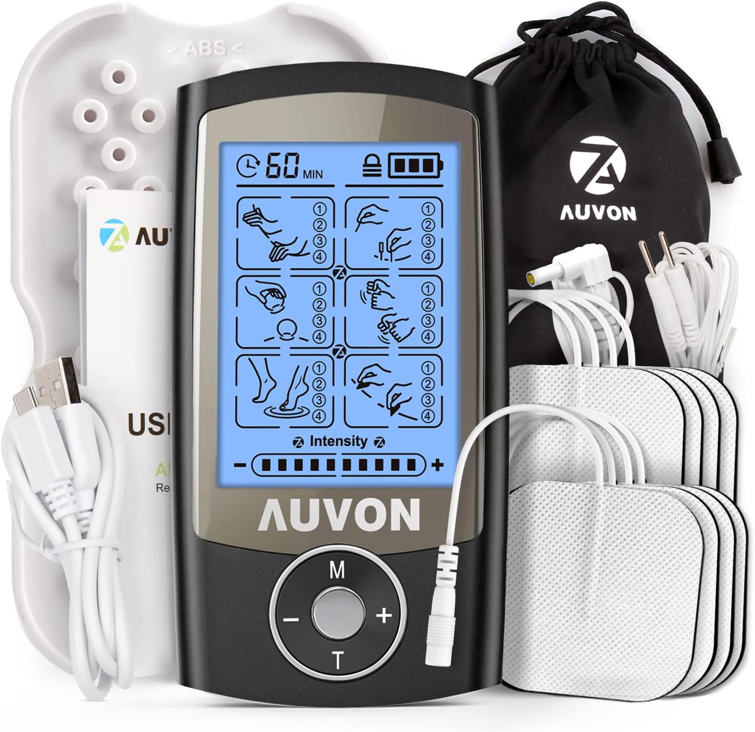 AUVON Rechargeable TENS Unit Muscle Stimulator, 24 Modes 4th Gen TENS Machine with 8pcs 2"x2" Premium Electrode Pads for Pain Relief