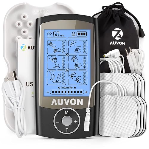 AUVON 24 Modes TENS Unit Muscle Stimulator for Pain Relief, Premium Pads | Rechargeable TENS Machine, Drug-Free Pain Relief for Shoulder, Lower Back, Muscle, Physical Therapy, 8pcs Electrode Pads