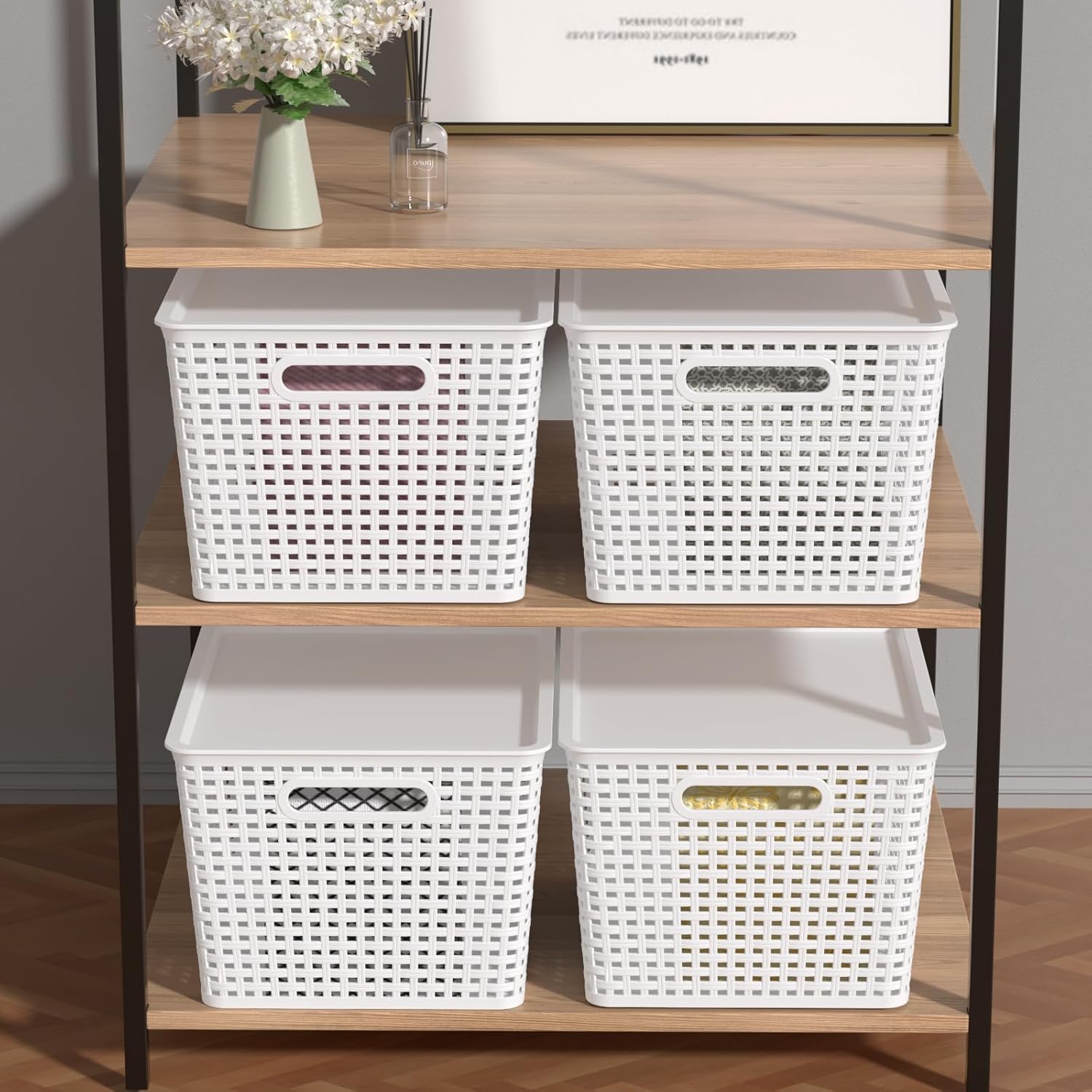 6-Pack Large Plastic Storage Baskets with Lid, Lidded Storage Organizer Bins, White