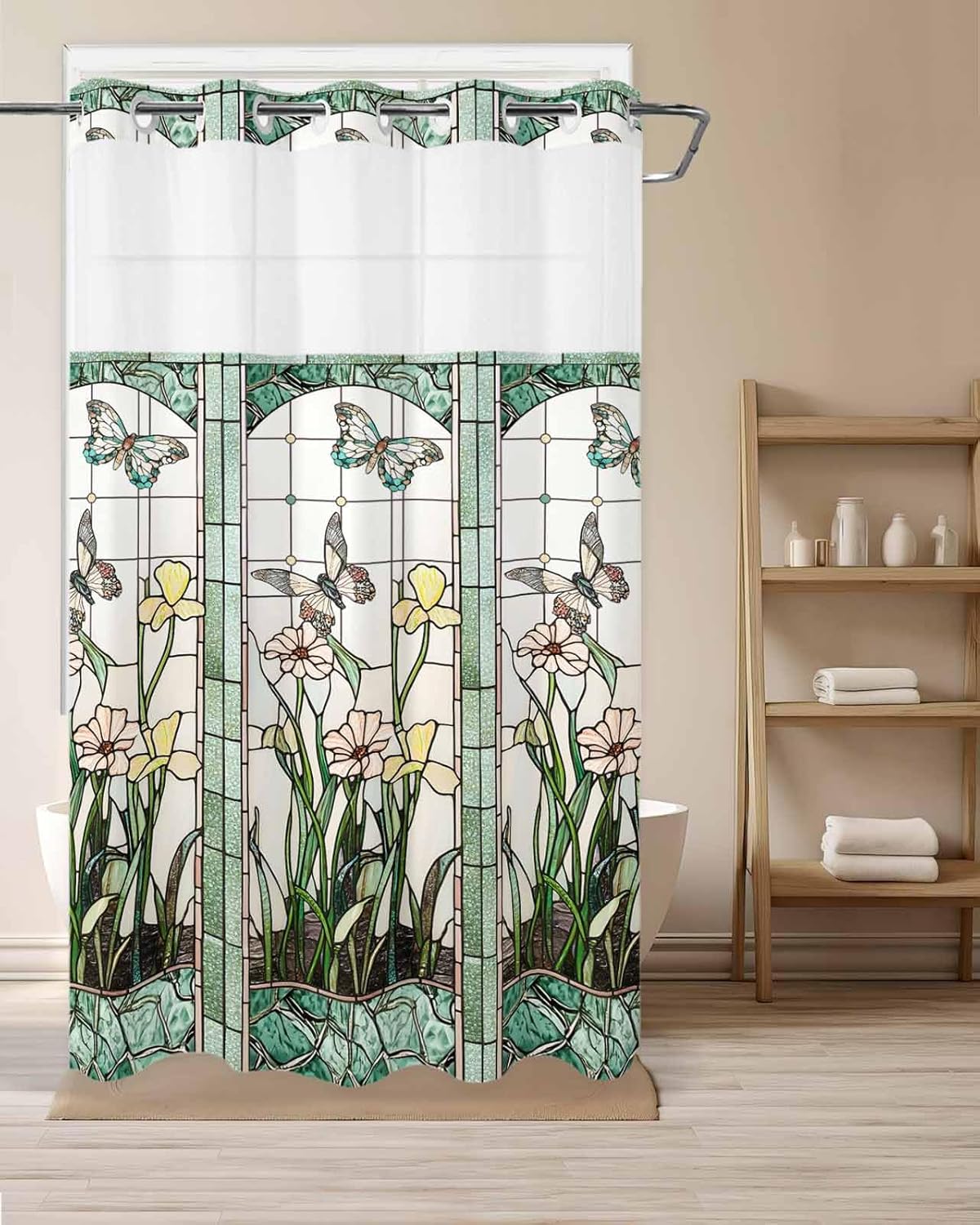 Vintage Flower Butterfly Shower Curtain, No Hook Shower Curtain with Snap in Liner, Green Plants Stained Glass Shower Curtains for Bathroom with See Through Top Window, Waterproof 36x72 Inch