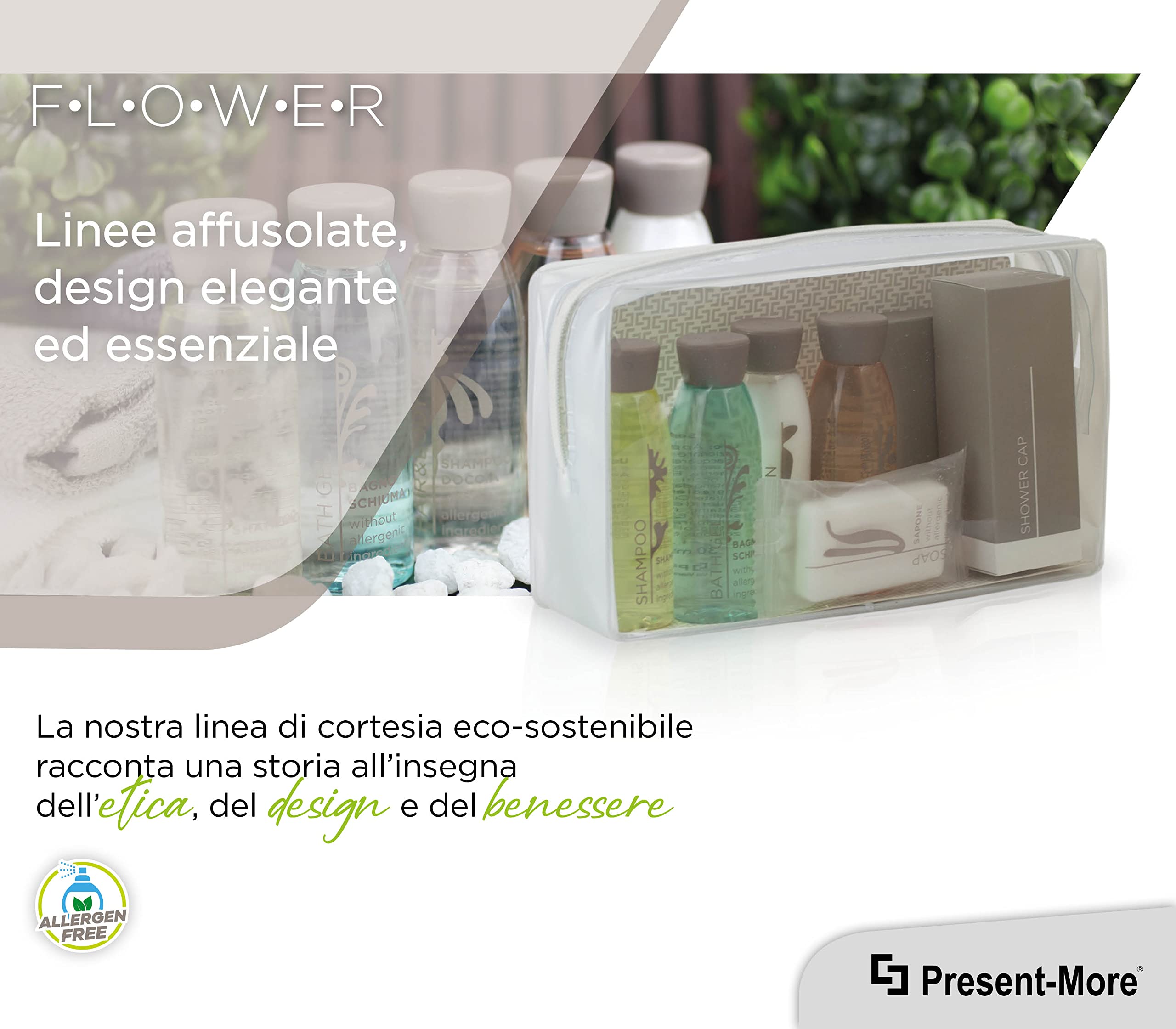 PRESENT-MORE - Set Cortesia 12 Ospiti Flower - Fragranza Tè Verde - Contiene: Shampoo, Gel Doccia, Crema, Gel Intimo, Sapone e Accessori - Per Hotel e B&B