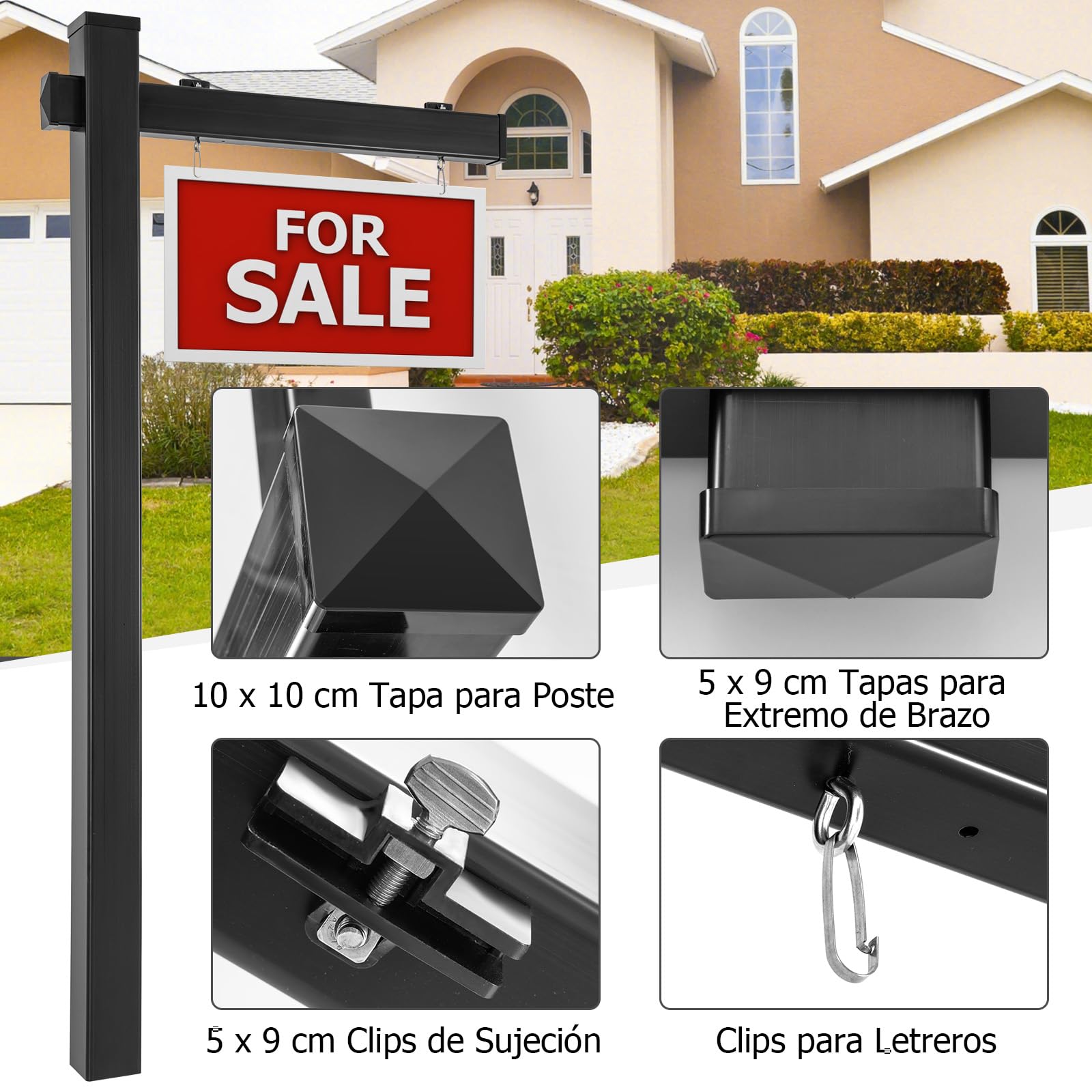 GOPLUS 183 cm Poste de Vinilo UPVC Inmobiliario, Poste de Letrero con Estaca de Acero, Brazo de 91,5 cm, Compatible con Carteles de Hasta 61 cm, Para Venta y Alquiler, Cartel No Incluido (Negro)