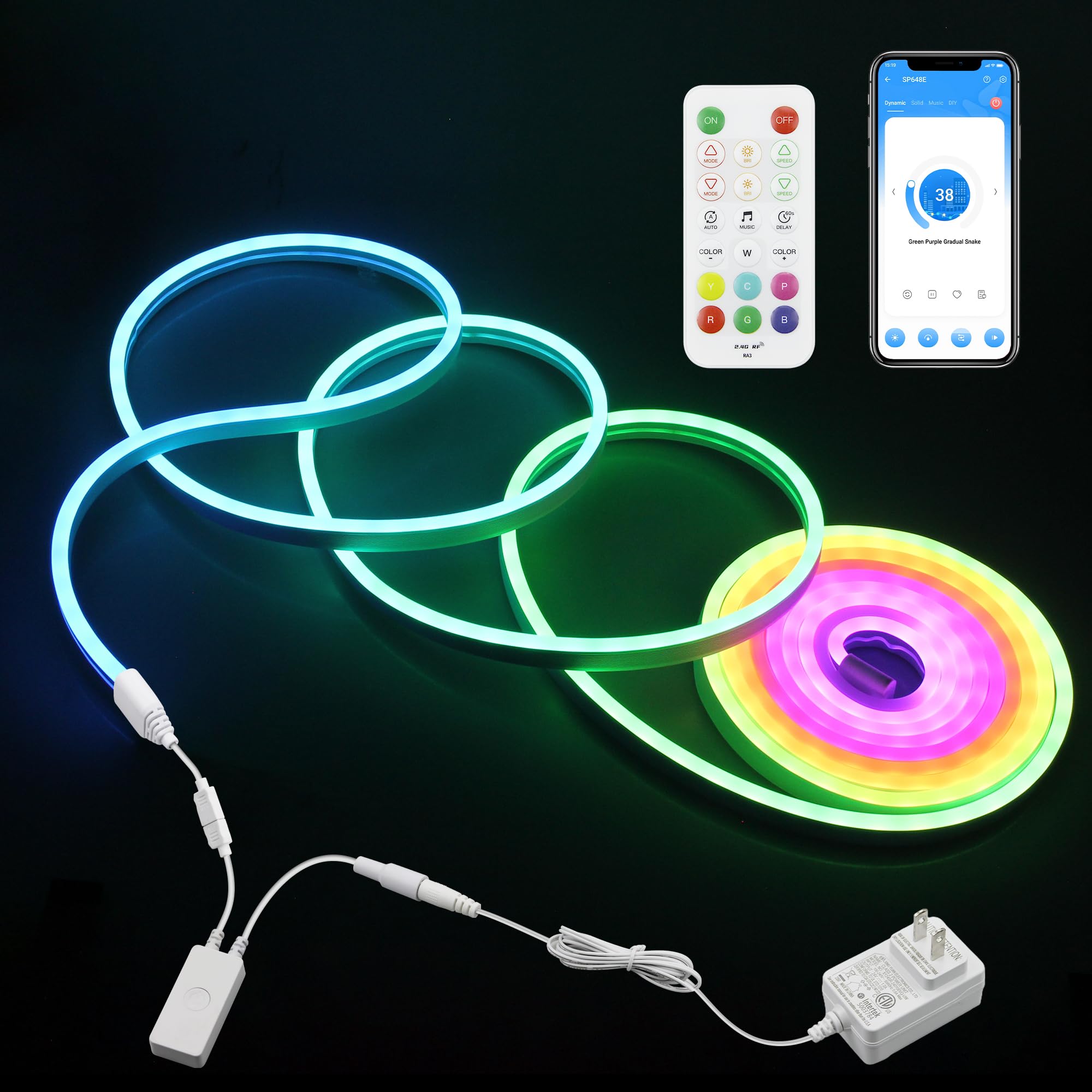 16.4FT Neon Rope Light Smart Neon Light Strip RGB+IC Addressable LED Light Strip Indoor with Remote APP Control Music Sync Color Chasing Waterproof Neon Strip for Outdoor Party Room Decor 24V