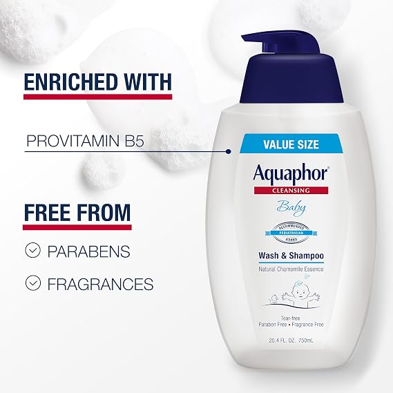 Aquaphor Baby Wash and Shampoo, Unscented Baby Shampoo and Wash, 25.4 Fl Oz Pump Bottle
