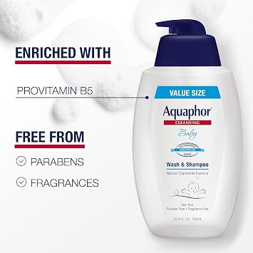 Aquaphor Baby Wash and Shampoo, Unscented Baby Shampoo and Wash, 25.4 Fl Oz Pump Bottle