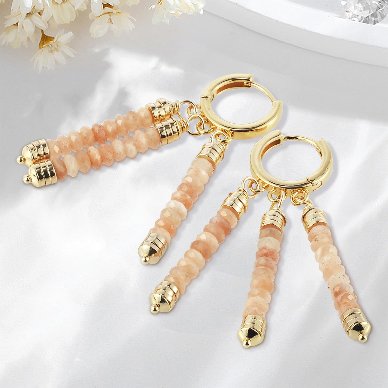 Massive Beads Gold Drop Dangles Earrings with 3-Chains of Faceted Gemstone Beads Handcraft Lightweight Jewelry for Woman - Image 5