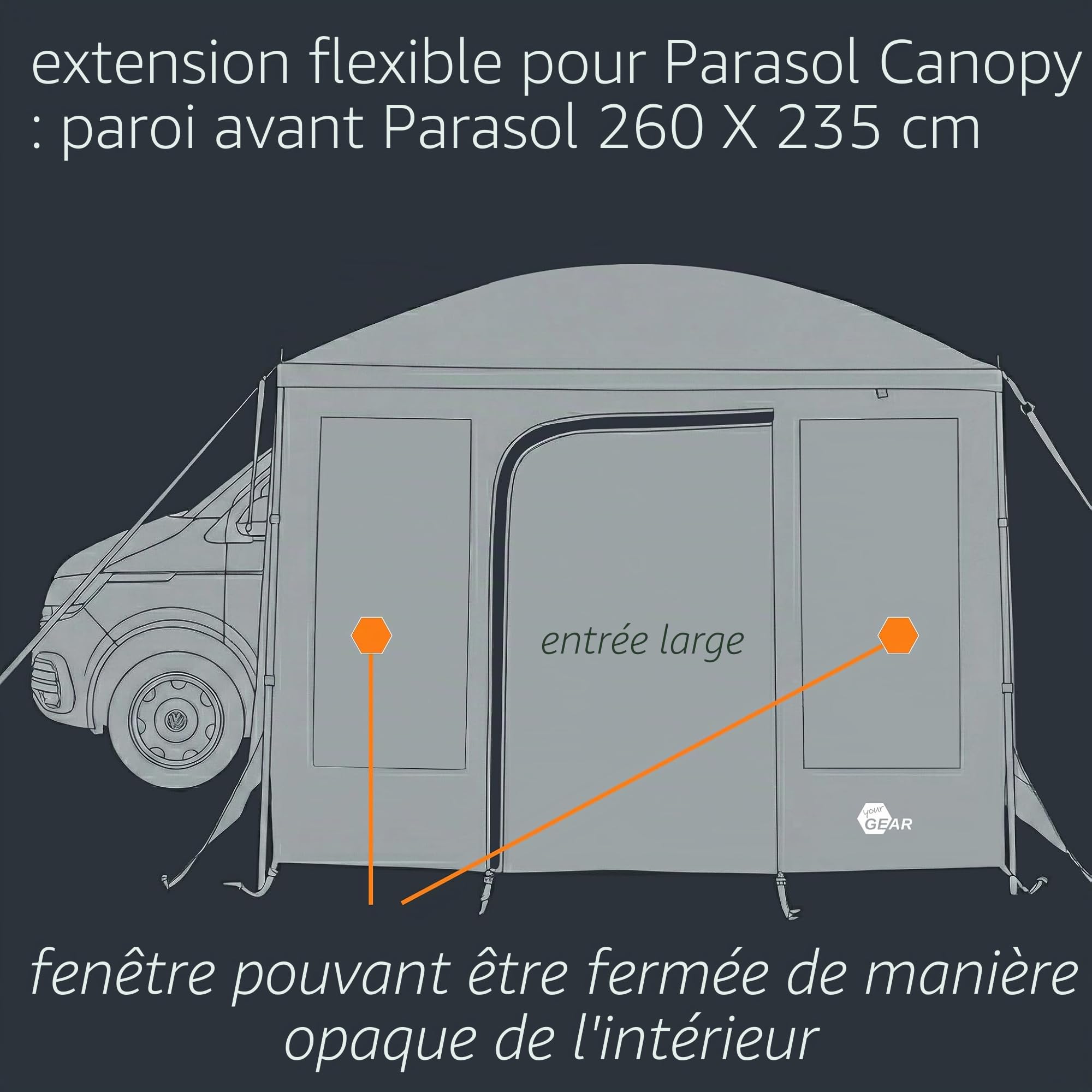 your GEAR Parasol - Auvent pare-soleil pour Bulli, Multivan, camping-car, 260 x 260 cm, 2 parois latérales ou your GEAR Paroi avant - 260 x 235 cm Paroi avant avec porte et fenêtre (paroi avant pour