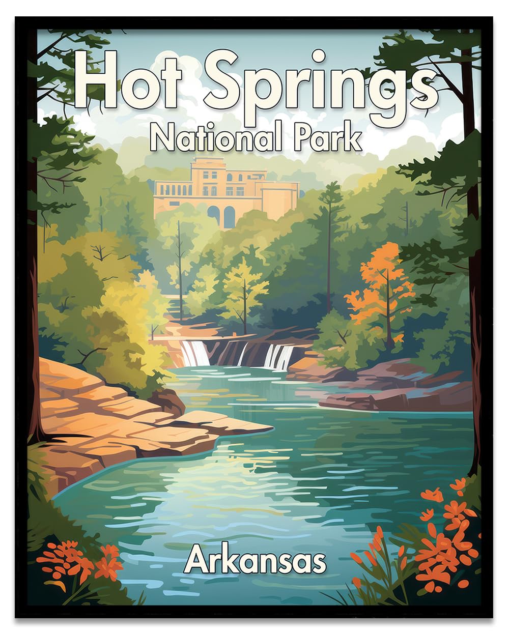 Hot Springs National Park, Arkansas Illustration Poster - Where Verdant Forests Dance with Crystal Waters - Elevate Your Space with the Breathtaking Beauty of Nature's Symphony in Wall Art (18" x 24")