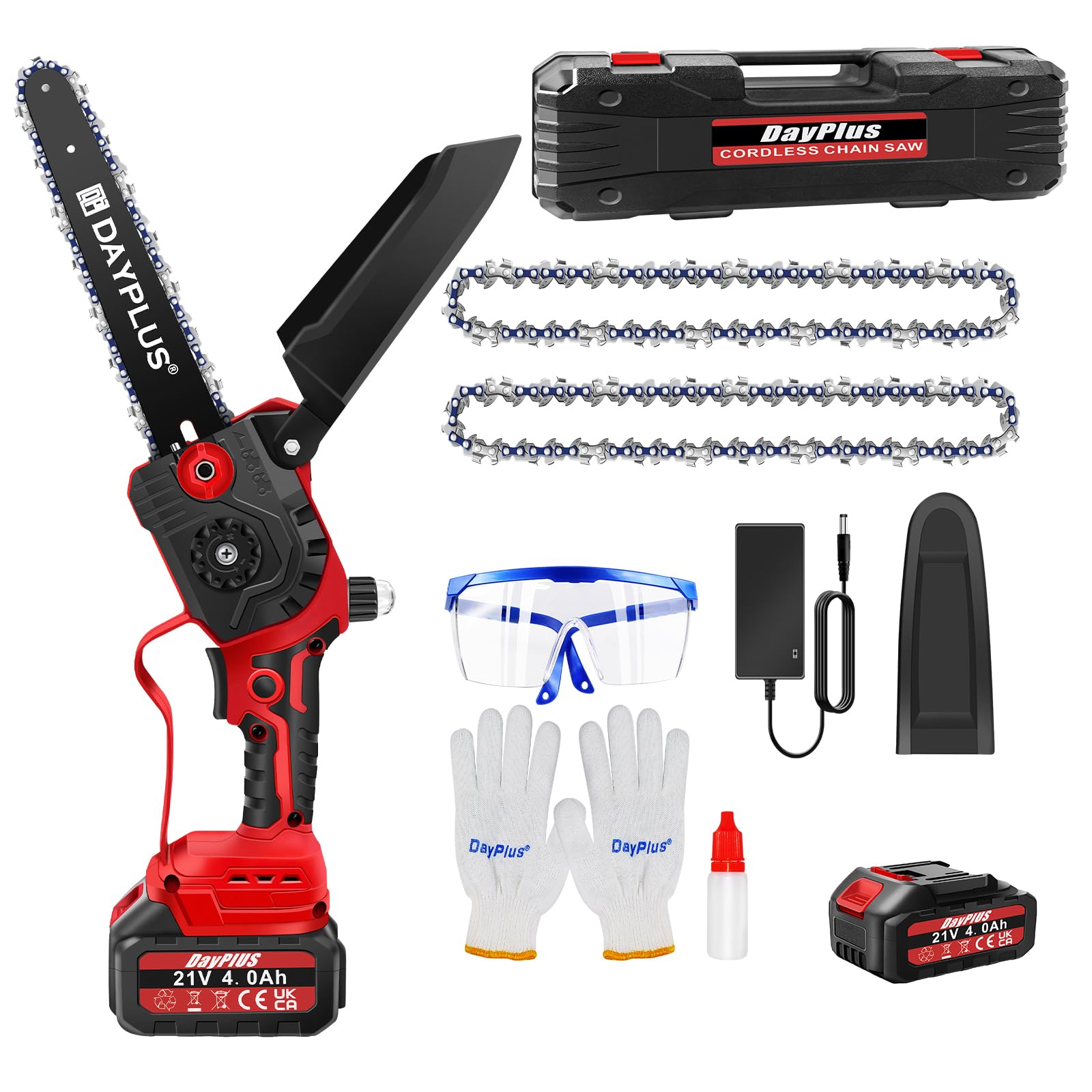 Motosierra sin cable de 8 pulgadas, motosierra manual sin escobillas con 2 baterías de 4000 mAh, cerradura de seguridad, motosierra eléctrica ligera para cortar madera, poda de árbol, 47,5 x 11,5 x