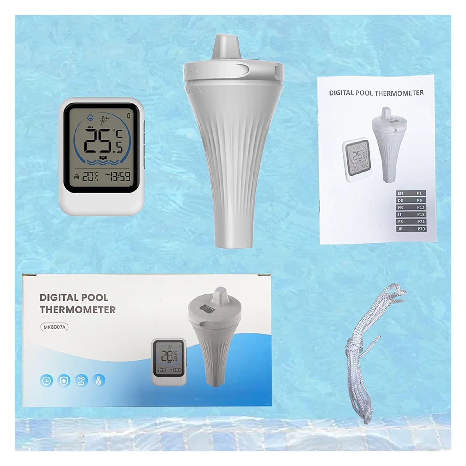 Schwimmendes Poolthermometer, IPX7, wasserdicht, kabellos, Pooltemperatur-Monitor, leicht ablesbar, for Eisbadewanne, Fischglas, Teich, Whirlpool(A)