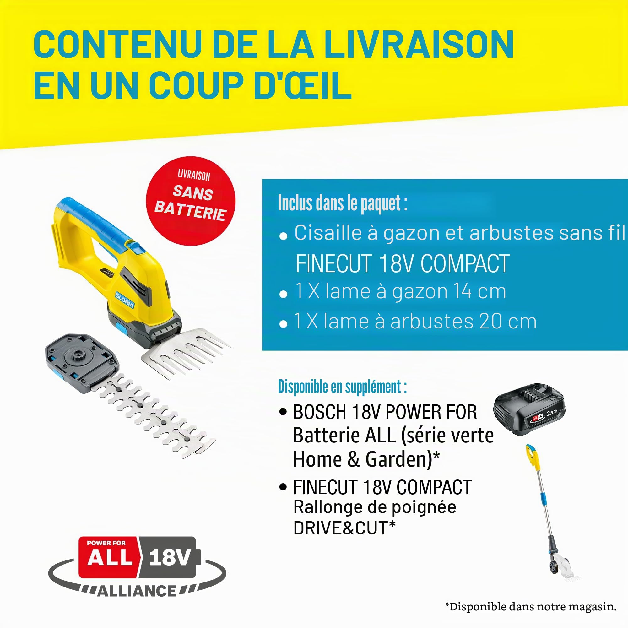 GLORIA Cisaille Gazon FineCut 18V Compact | Compatible Batterie Bosch