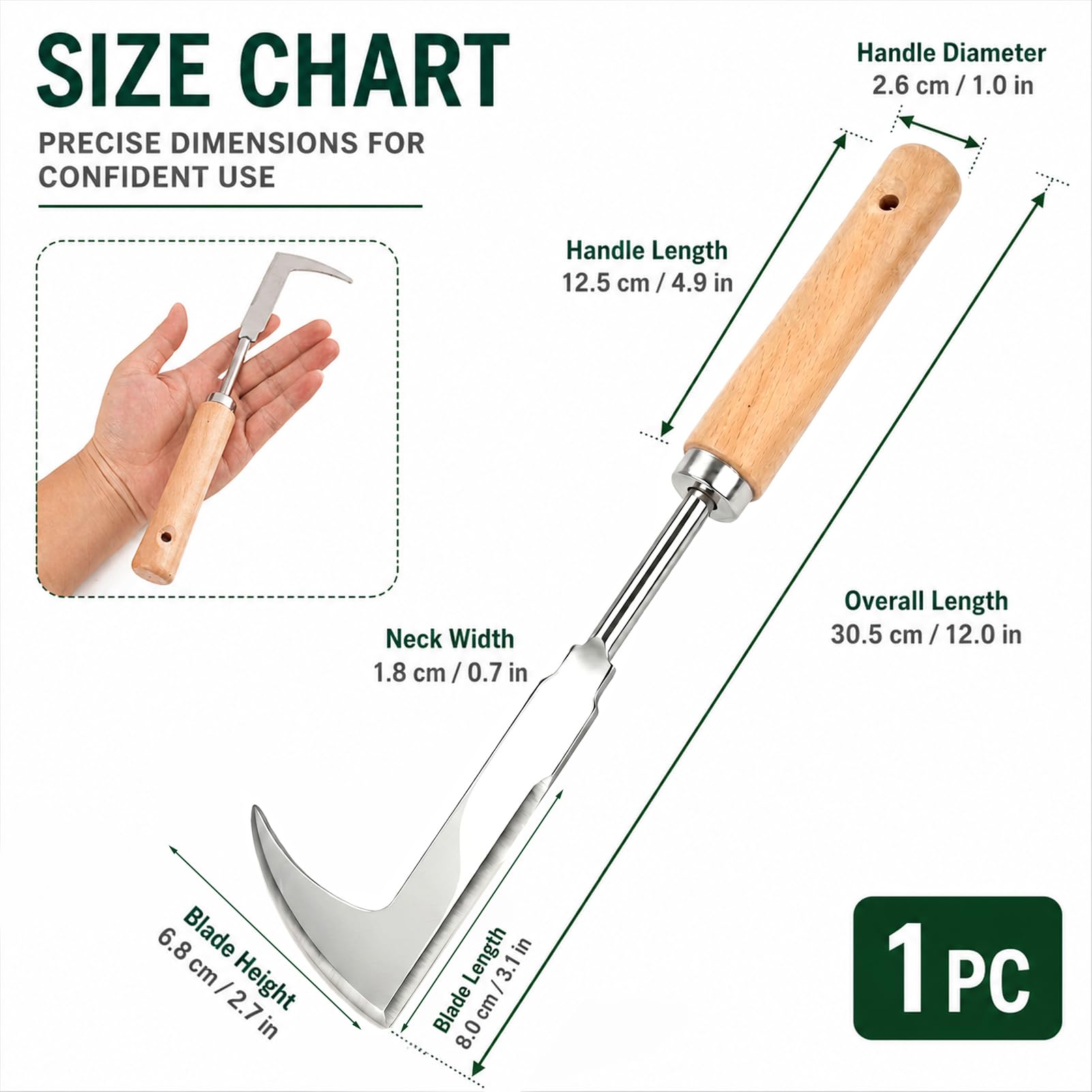 Couteau Désherbeur 31,5 cm avec Manche en Bois, Outil à Main pour Enlever Mousse et Mauvaises Herbes des Fissures, Lame en Acier Inoxydable Dentelée, Jardinage