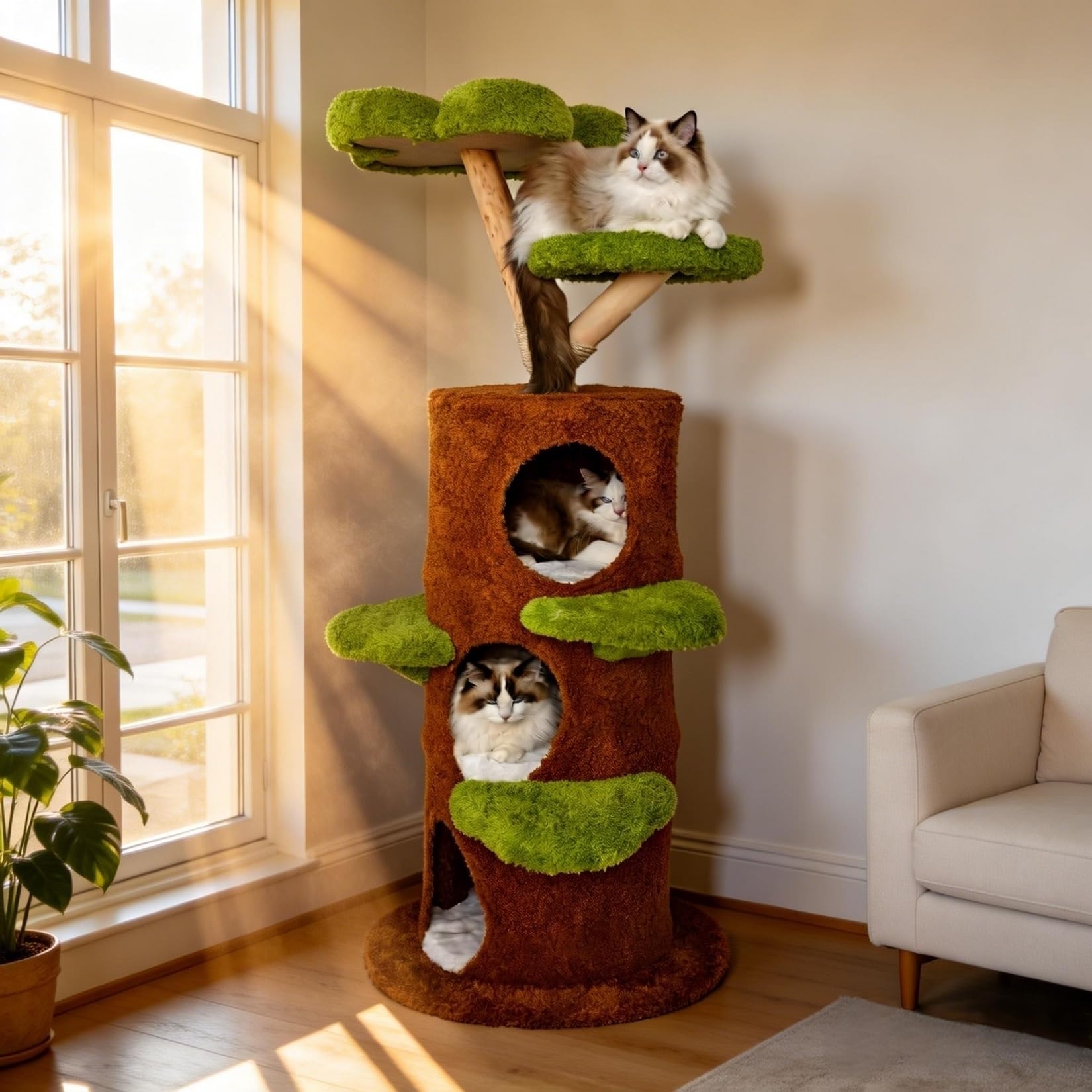 BingoPaw Indoor Cat Tree Tower: 148cm Tall Vibrant Multi-Level Cat Climbing Tree Activity Tower Center with Flower-shaped Platform Plush Stairs Condo with Scratching Post