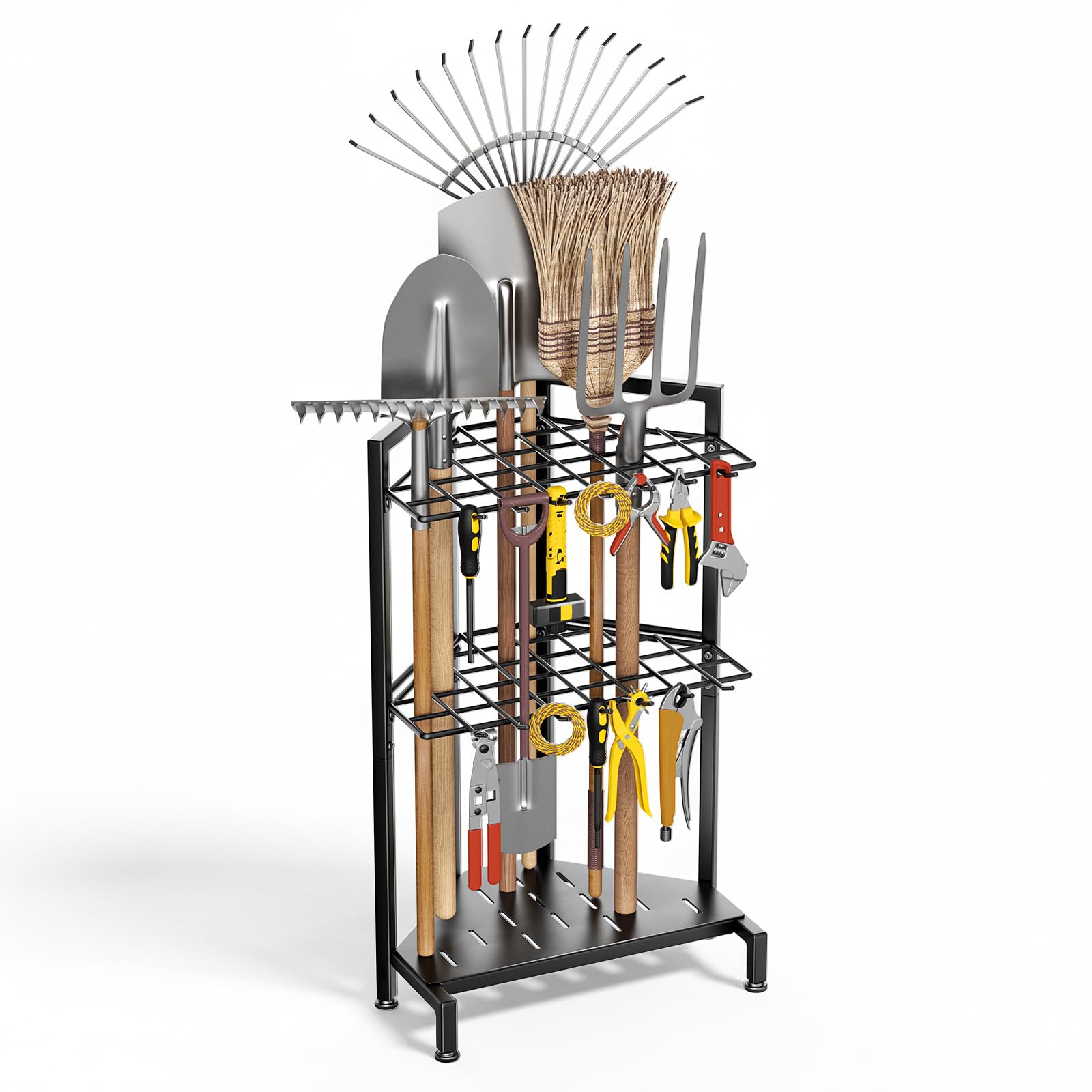 Porta Attrezzi da Giardino,Organizer per Attrezzi da Giardino,Supporto Metallo con 3 Livelli e Ruote, Conservazioneper Fino a 35 Attrezzi/Scope/Rastrelli a ManicoLungo