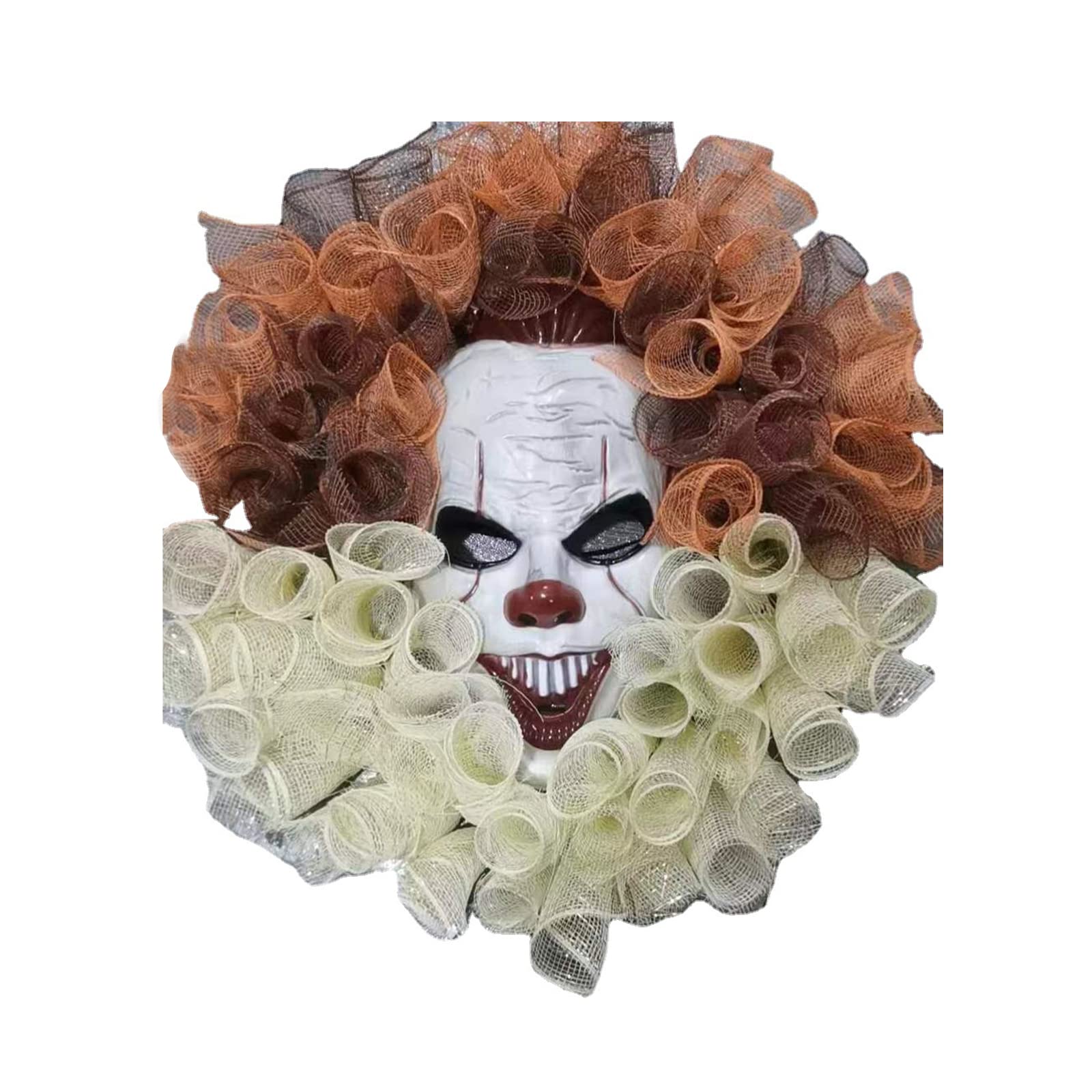MINGZHE 17.7 Inch Scary Clown Wreath, Halloween Wreath Joker Mask Front Door Garland Hanging Wreath Ornaments for Halloween Holiday Prop Decor Indoor Outdoor