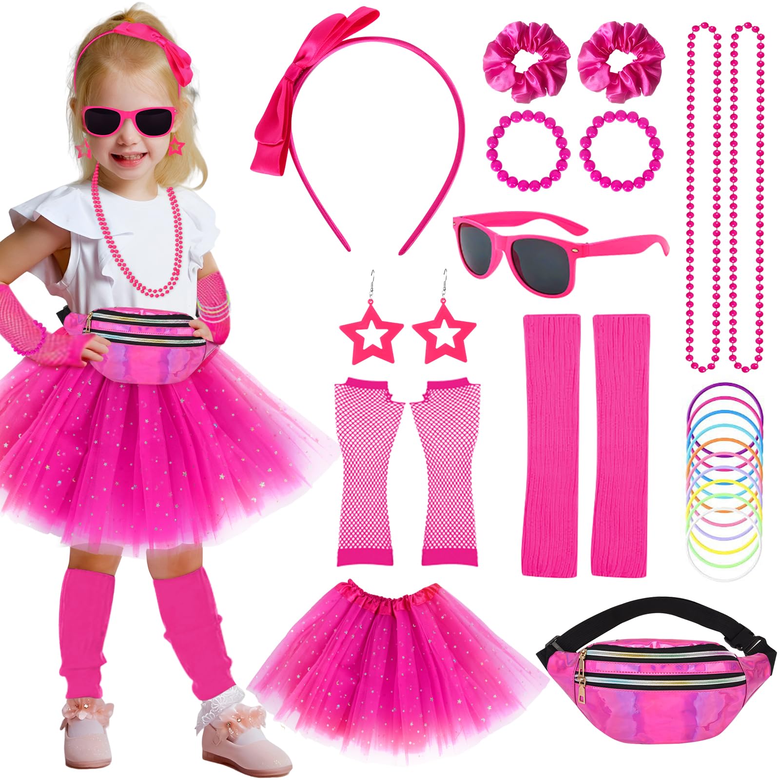 80s Costume Accessories Set for Girls, 23Pcs 1980s Fancy Dress Costume, Retro Fancy Dress with Tutu Skirt Fishnet Gloves Bow Headband Leg Warmers Necklace Bracelets Glasses for Kids 1980s Theme Party