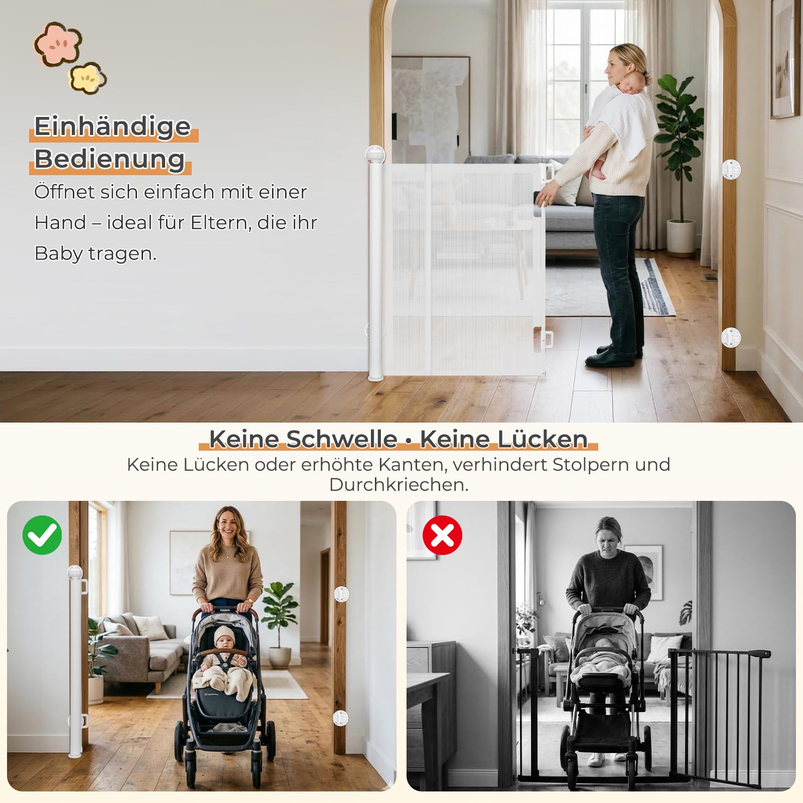Ycozy Treppenschutzgitter Türschutzgitter Ausziehbar mit Stützstangen Treppenschutzrollo Türgitter Baby (Weiß, 150cm-Ohne Bohren)