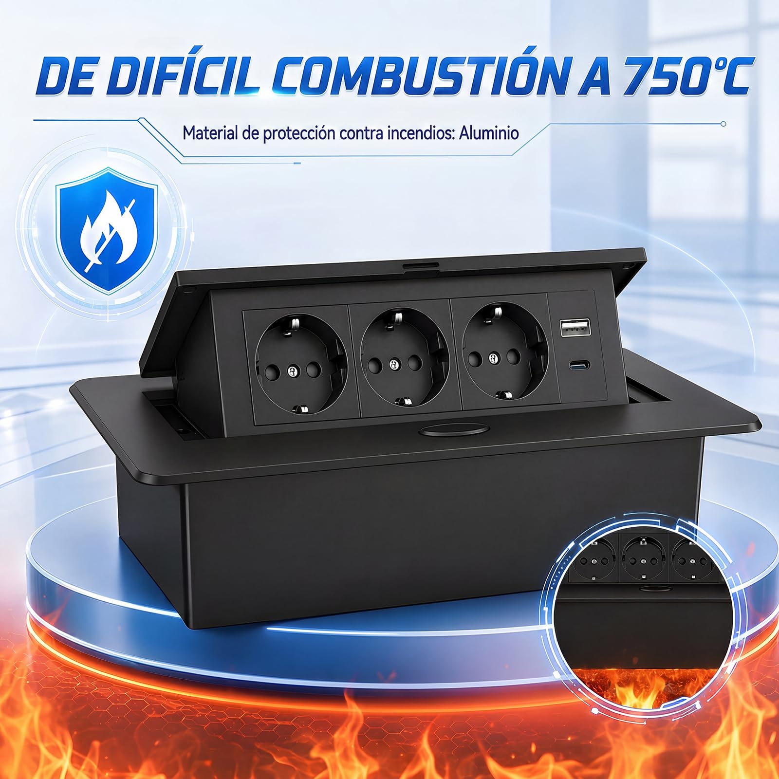 Enchufe Empotrable Mesa, Regleta Empotrable Base Múltiple Retráctil para Escritorio/Mesa Toma Empotrada con 3 Tomas Schuko + 2 USB (1 Tipo A + 1 Tipo C), Cable de 1,8 m, Negro