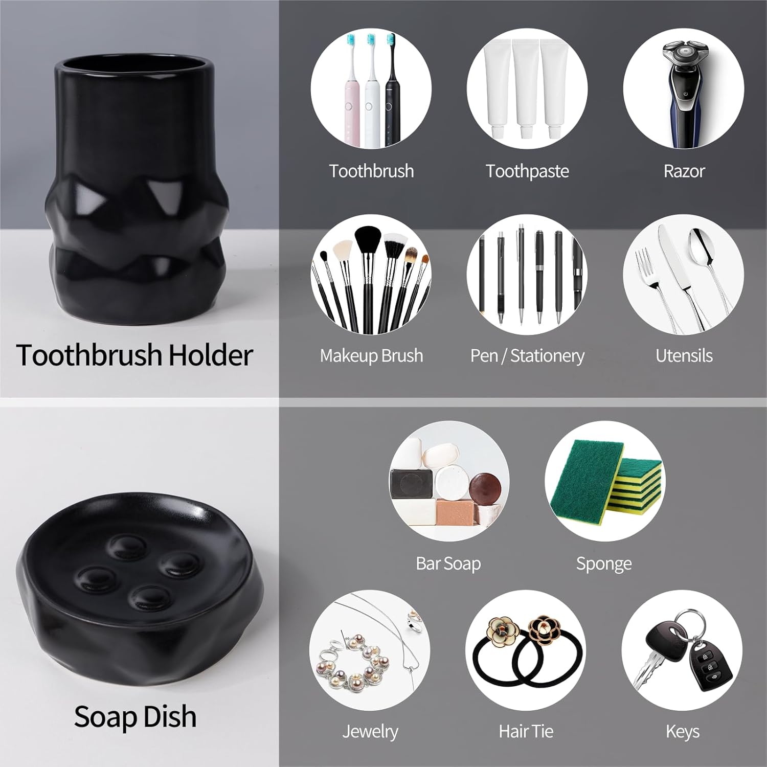 BosilunLife Modern Ceramic Bathroom Accessories Set, Bathroom Counter Set Matte Black Bathroom Decor Sets Accessories Bathroom Lotion Soap Dispenser, Toothbrush Holder Set, Soap Dish, Apothecary Jars - Image 6